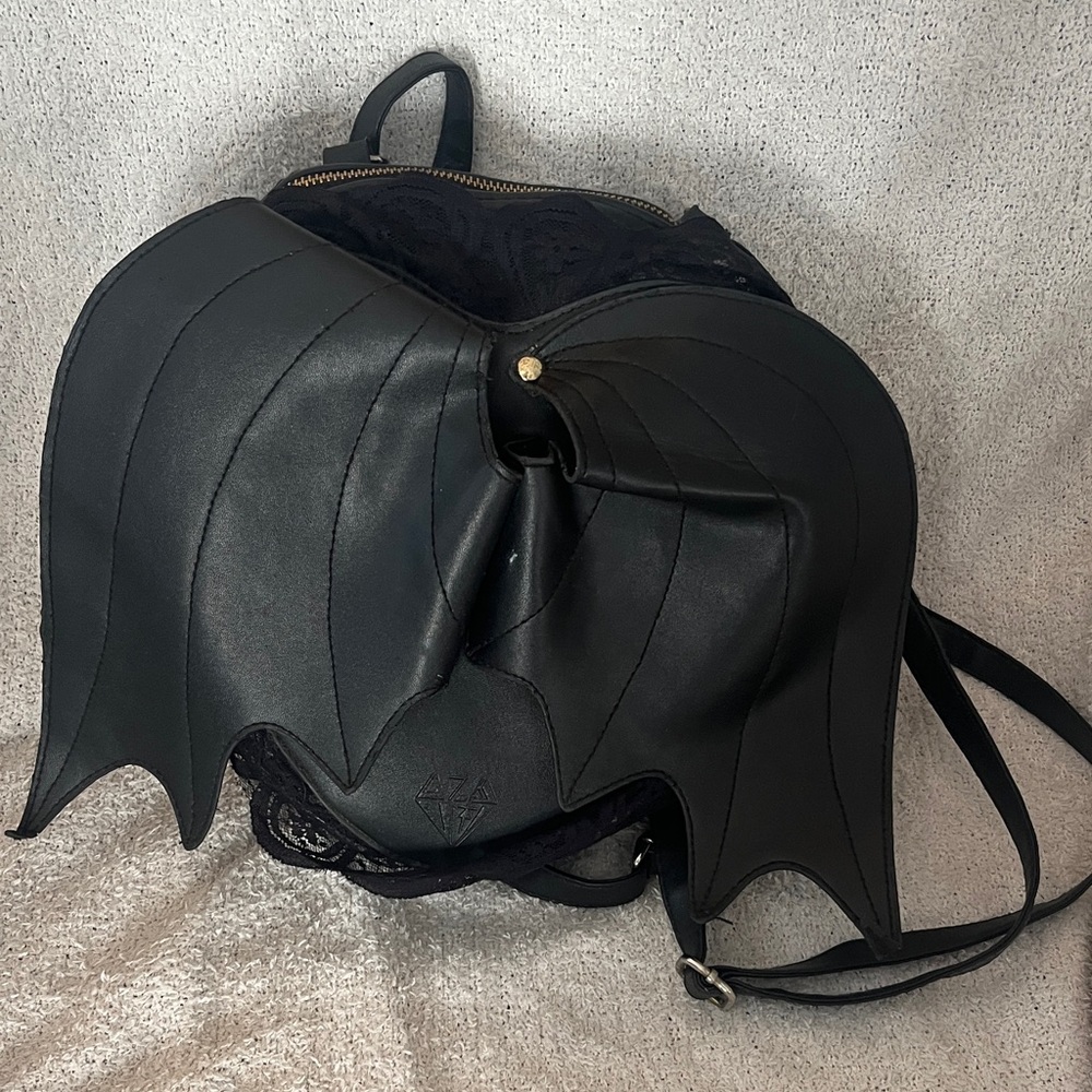 Black Bat Wing Women backpack style purse AZA HEART shaped with black lace bag